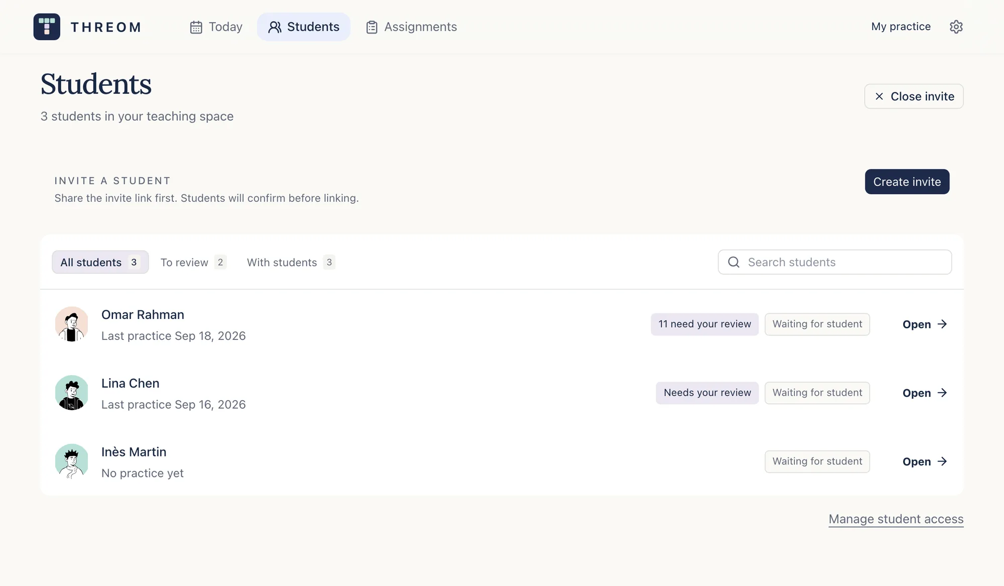 The Students page with the invite panel open: a note that students confirm before linking, and a Create invite button.