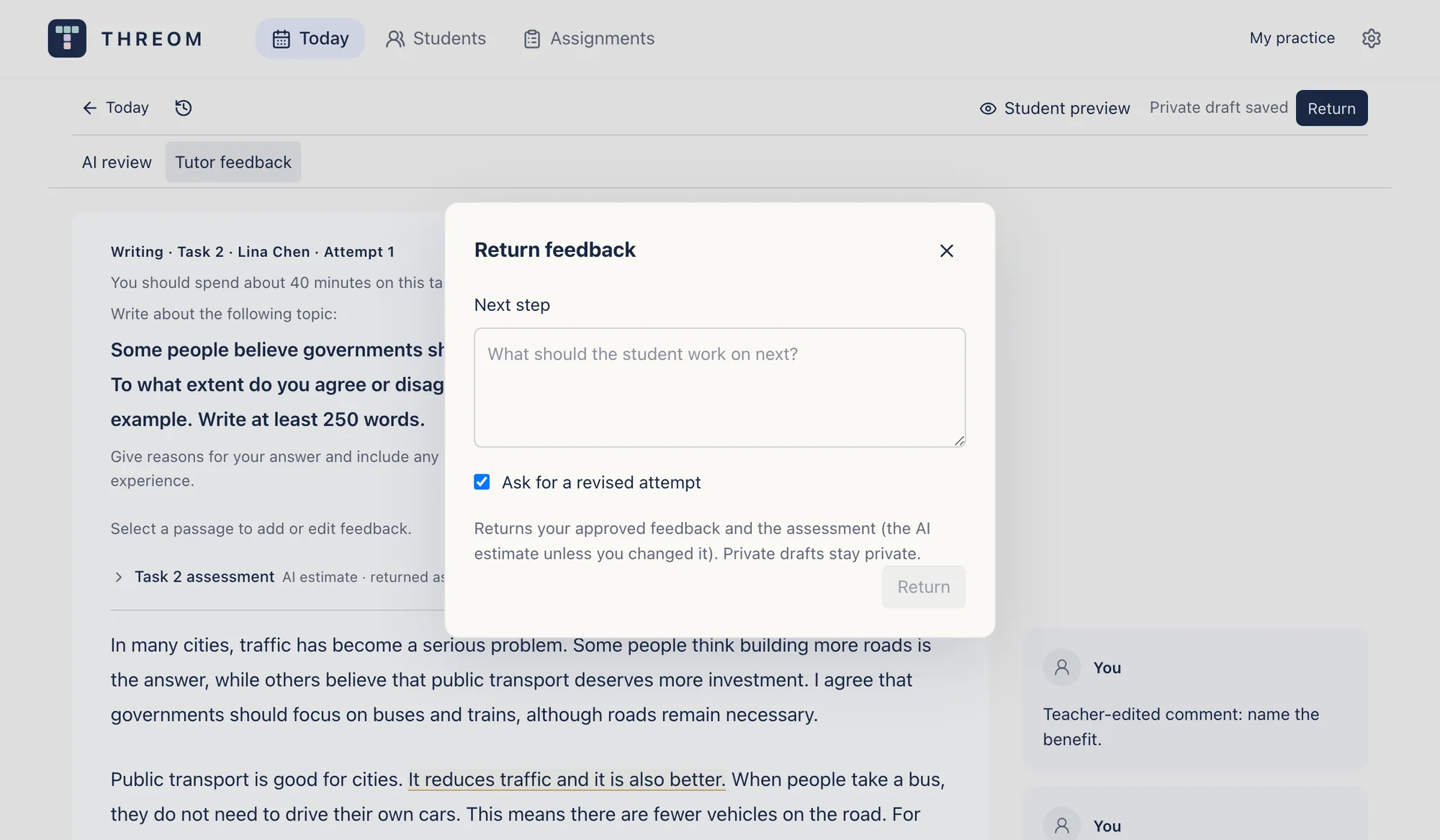 The Return feedback dialog with the Next step field, the Ask for a revised attempt checkbox and the Return button.
