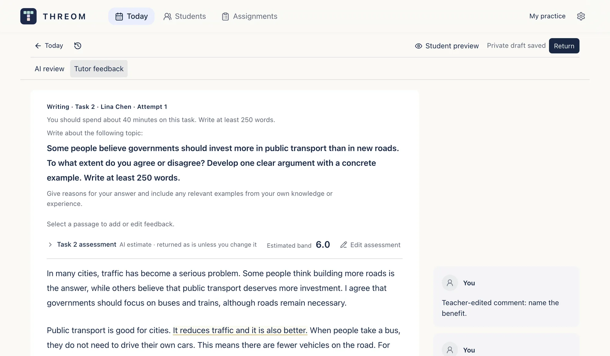 A Writing Task 2 review: the exam-style question, the essay with corrections marked in the text, the estimated band, and AI findings listed beside it.